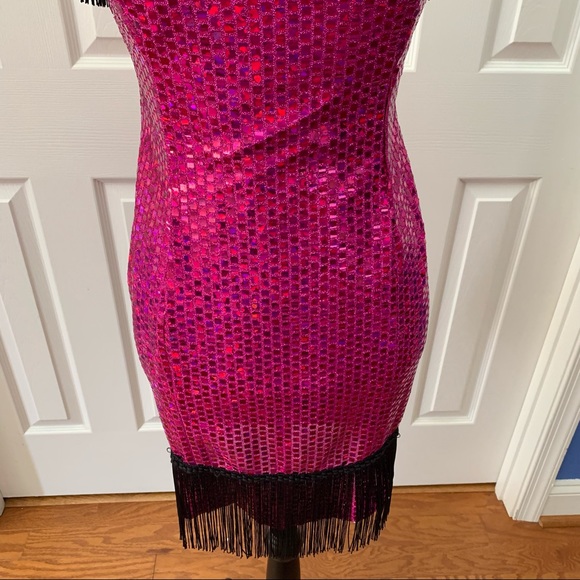 Vintage 1920s Flapper Fuchsia Sequin Black Fringe Spaghetti Strap Dress - Picture 3 of 11